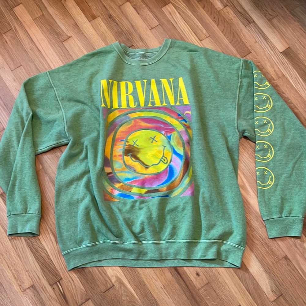 Urban Outfitters Green Nirvana Graphic Sweatshirt with Yellow Logo